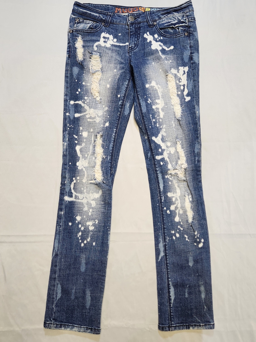 Vintage Y2K Mudd Bleach Splatter Distressed Jeans Size 7 Low Rise Flare 30x30